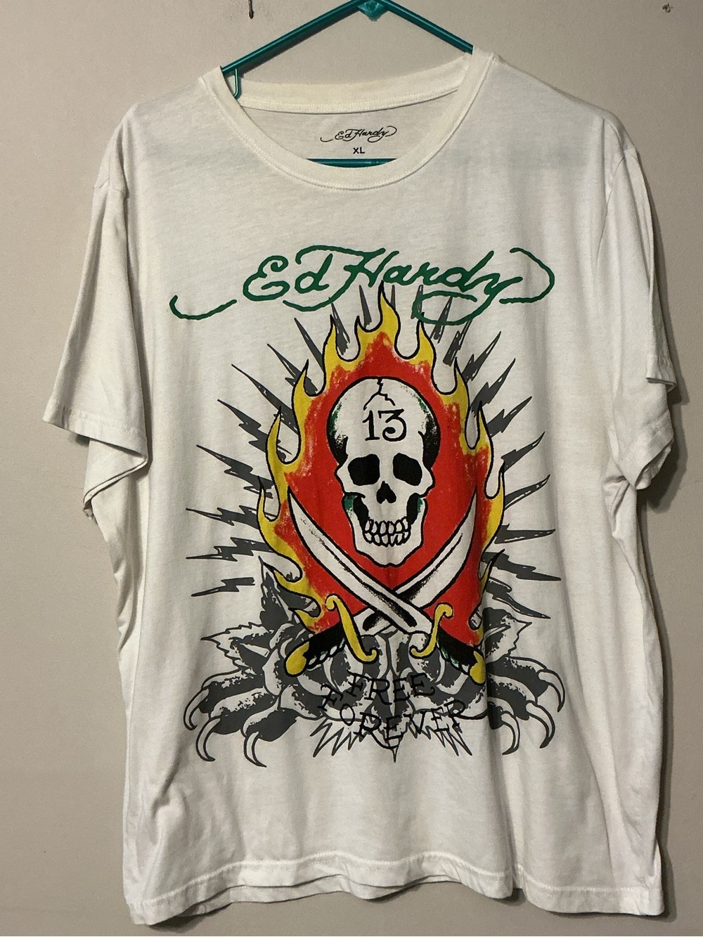 Ed Hardy White Tee with Flaming Skull and Crossed Swords Graphic